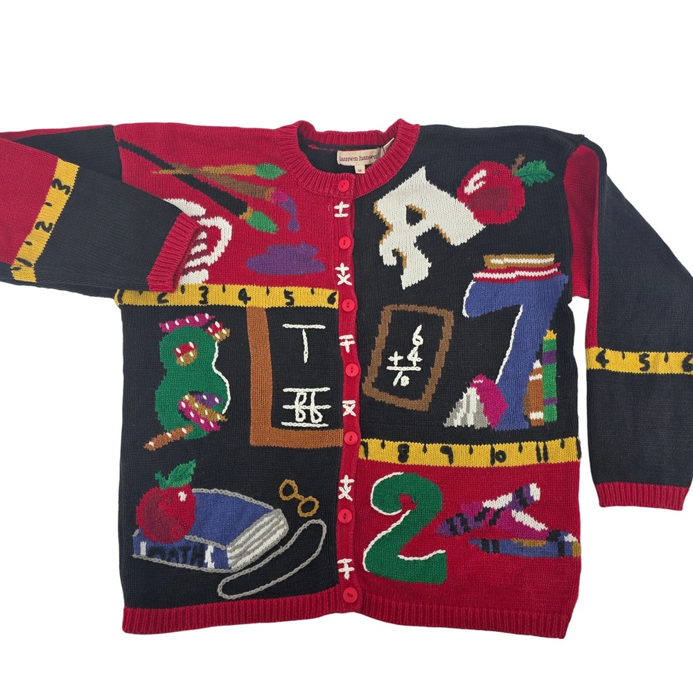 Lauren Hansen Vintage‎ Teacher School Novelty Cardigan Sweater Red Black Medium